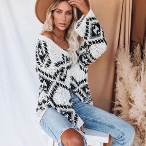 Knit Fuzzy Distressed V Neck Sweater White